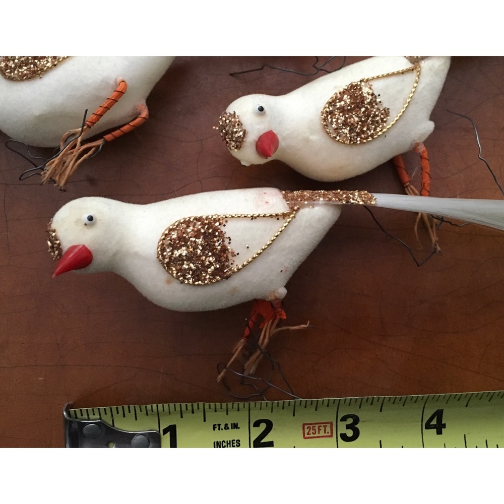 Vintage White Felt and Gold Glitter Bird Ornament.